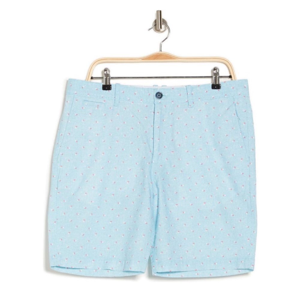 Original Penguin Mens Light Blue Bermuda Shorts Pockets Geo Print Sz 38 New - Picture 1 of 12